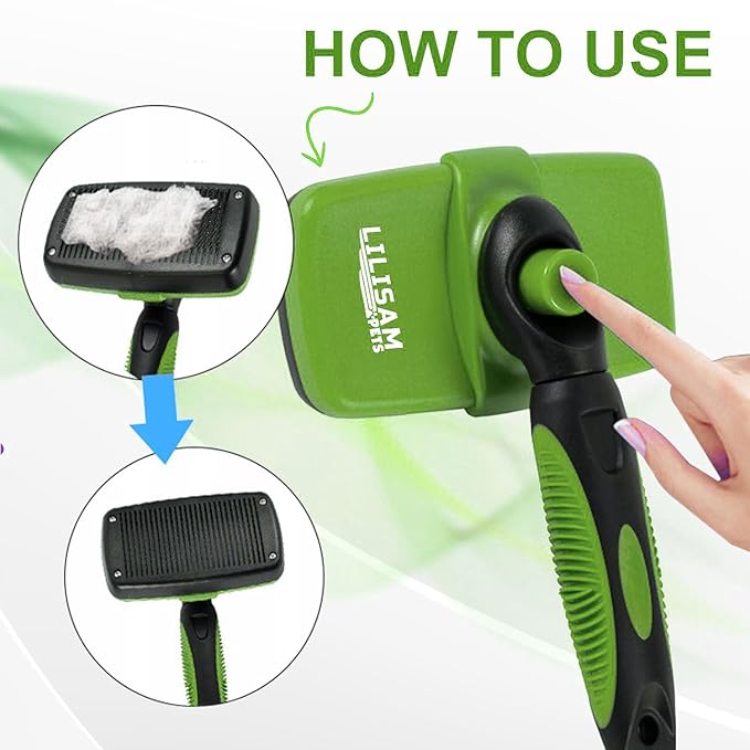 Pet Self Cleaning Slicker Brush and Grooming Comb - Gently Removes Loose Hair, Tangles, and Dirt - Skin Friendly Deshedding Grooming Tool for Hair Dogs & Cats - Pet Supplies Accessories (Green)-Mewly Pet