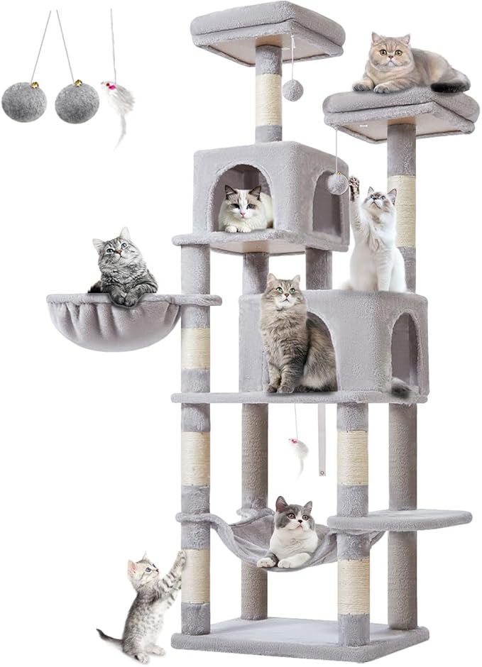 Taoqimiao 66-Inch Cat Tree Cat Tower for Indoor Cats, Plush Multi-Level Cat Condo with 7 Scratching Posts, 2 Perches, 2 Caves, Hammock, 2 Pompoms MS013W Light Gray-Mewly Pet