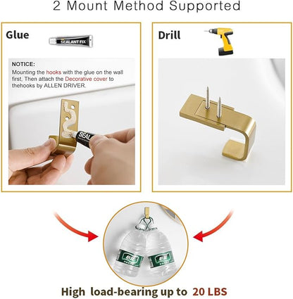 BESy Brass Clothes Hook Single Towel Hook for Bathroom Kitchen Garage Square Style Robe Hooks Coat and Hat Hook, Self Adhesive with Glue or Wall Mounted with Screws, Brushed Gold
