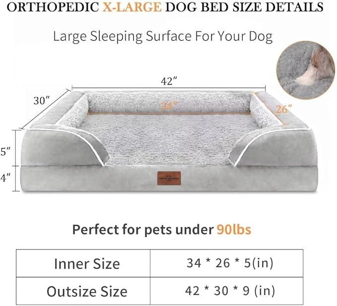 Comfort Expression Memory Foam Dog Beds Large Sized, Orthopedic Dogs Beds Washable, XL Dog Beds with Removable Cover, Waterproof Pet Sofa Couch with Bolster(X-Large,Light Grey)-Mewly Pet