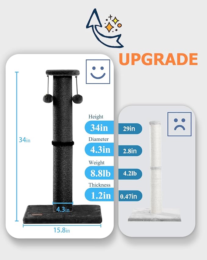 Kilodor 34Inch Tall Cat Scratching Post,4.3Inch Diameter Large Sisal Cat Scratch Post with Ball, Sturdy and Durable Cat Scratcher for Indoor Cats Adults Black-Mewly Pet