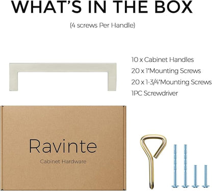 Ravinte 10 Pack Solid Kitchen Cabinet Handles Brushed Nickel Slim Cabinet Pulls Drawer Pulls with 4 Inch Hole Center Square Bar Kitchen Cabinet Hardware