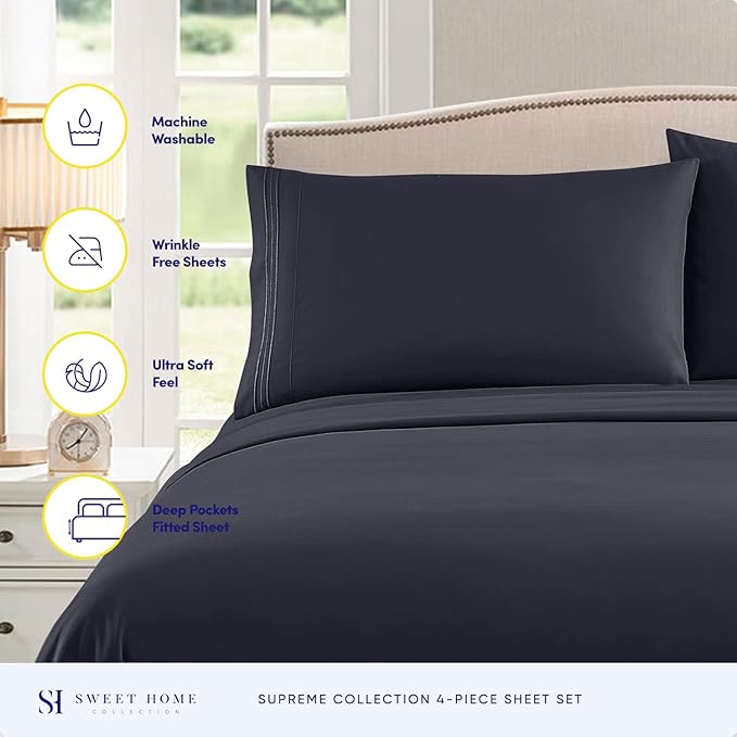 Twin XL Sheets - Breathable Luxury Sheets with Full Elastic & Secure Corner Straps Built In - 1800 Supreme Collection Extra Soft Deep Pocket Bedding Set, Sheet Set, Twin XL, Navy