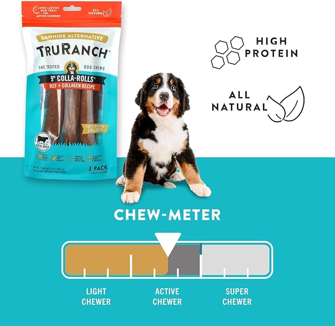 Collagen Rolls - 9" Collagen Rolls for Dogs - Long Lasting Healthy Joint Support Dog Treat - Rawhide Alternative - Skin & Coat Health - Made with Real Beef, 1 Bag, 3 Count-Mewly Pet