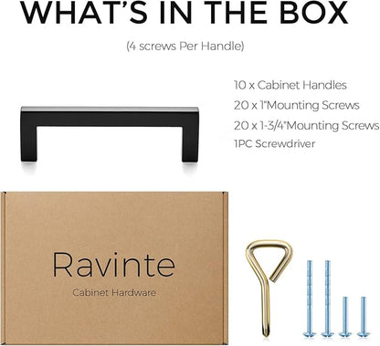 Ravinte 10 Pack Solid Kitchen Cabinet Handles Matte Black Cabinet Pulls Slim Drawer Pulls with 3-3/4 Inch Hole Center Square Bar Kitchen Cabinet Hardware