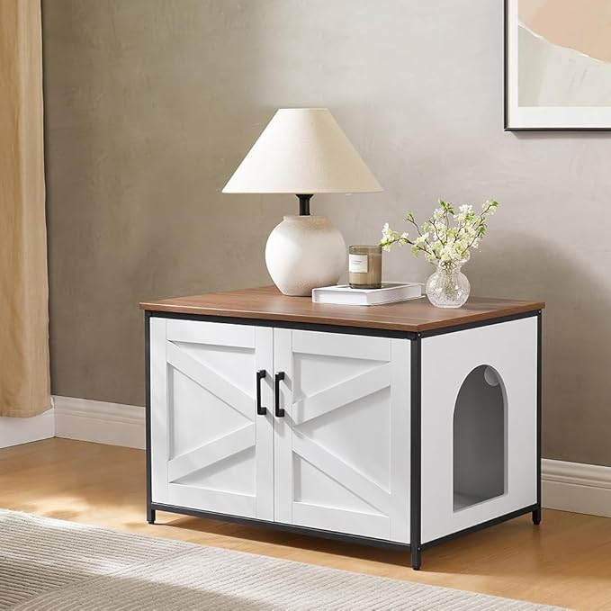 unipaws Extra Large Cat Litter Box Enclosure Furniture with Top Opening, XL Washroom Bench for Cats with Removable Divider, Jumbo Automatic Litter Box Cover and Hidden Cat Box-Mewly Pet