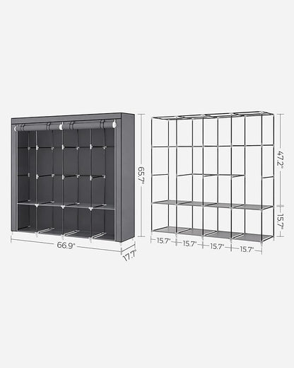 SONGMICS Portable Closet, Wardrobe Closet Organizer with Cover, 4 Hanging Rods and Shelves, 4 Side Pockets, 66.9 x 17.7 x 65.7 Inches, Large Capacity for Bedroom, Living Room, Gray URYG094G02