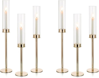 NUPTIO Hurricane Glass Candle Holders: Set of 6 Tall Gold Metal Candlestick Holder with Chimney Tube Brass Tiered Taper Candles Stands for Christmas Holiday Party Decoration 23.6 & 21.7 & 19.7 in
