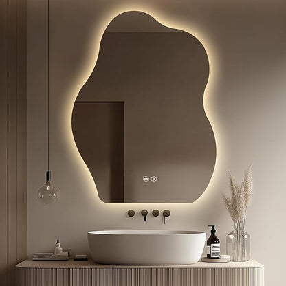 LED Bathroom Mirror with Lights 24x32, Stepless Dimmable Irregular LED Mirror with 3 Colors, Anti-Fog, Memory, Al-Alloy Lampshade, Frameless Makeup Mirror for Bathroom (Vertical Only)