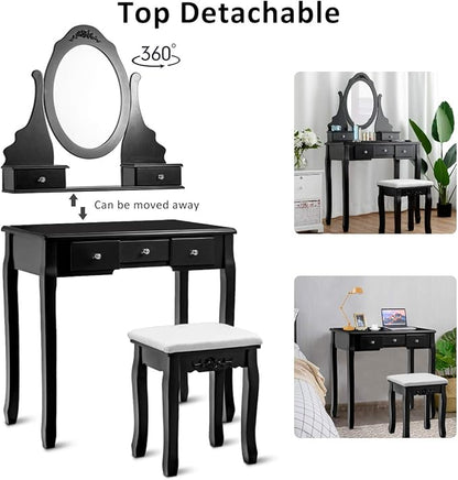 Giantex Vanity Set with Oval Mirror & Cushioned Stool, Makeup Dressing Table Large Storage with 5 Drawers, Mirrored Bedroom Vanities Makeup Table for Kids Girls Women, Easy Assembly (Black)