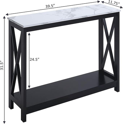 Convenience Concepts Oxford Console Table 39.5" - Sofa Table with Storage Shelf, Transitional Entryway Hall Table for Living Room and Bedroom, Display Foyer Table, White Faux Marble/Black