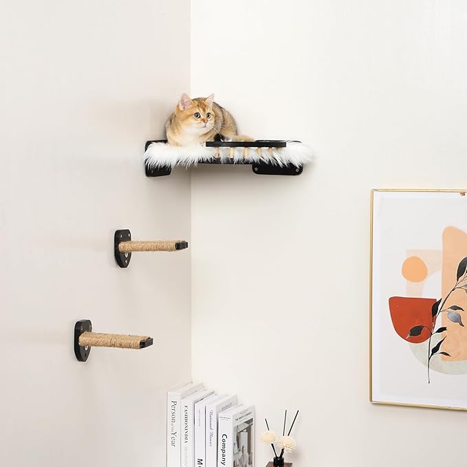 3 Pcs Cat Steps and Perches for Wall, Climbing Shelf With Hemp Rope, Wall-Mounted Furniture Set With Scratching Pads for Playing (Black)-Mewly Pet