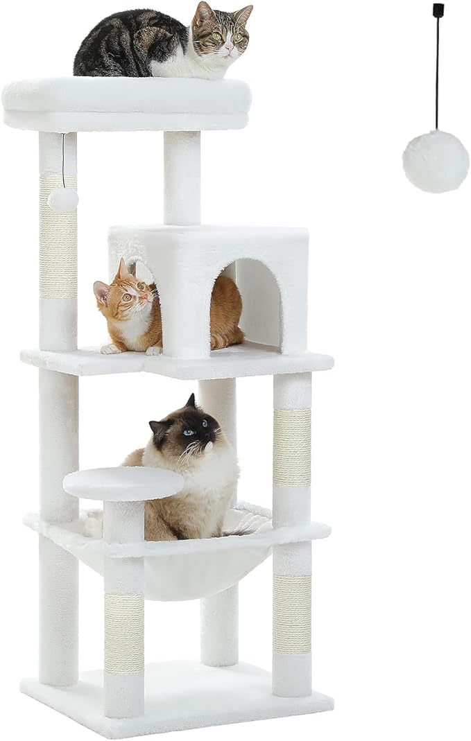 PETEPELA 45.7" Cat Tree for Large Cats, 5-Level Cat Tower for Indoor Cats with Large Hammock (17.3"x15.3"), Cat Condo with (18.5"x13") Big Top Perch & 4 Sisal Covered Scratching Post, White-Mewly Pet