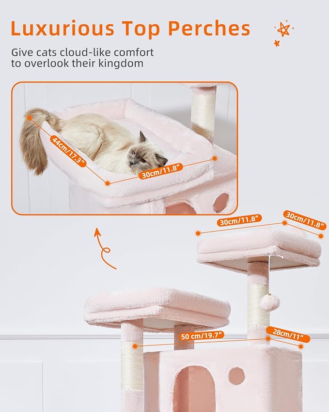 Taoqimiao Cat Tree 57.5-Inch, Cat Tower for Indoor Cats Large Adult, Extra Large Cat Condo, 8 Sisal Scratching Posts, Metal Frame Cozy Hammock, Durable Scratch Board, 2 Top Perches, Jelly Pink MS026P-Mewly Pet