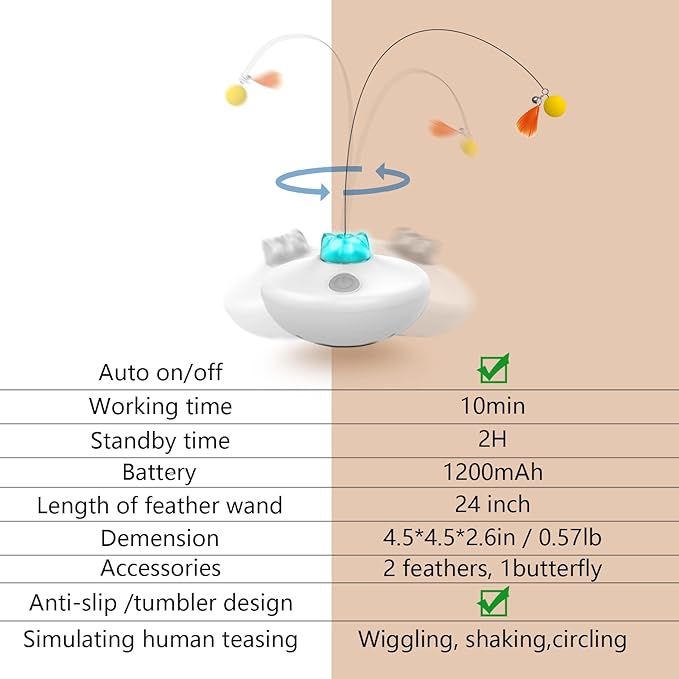 Interactive Cat Toys Cat Exercise Tumbler, Rechargeable Cat Toys for Indoor Cats Spin Butterfly Game Teasing Kitty, Extra Long Feather Wand (P33 cat Toys)-Mewly Pet