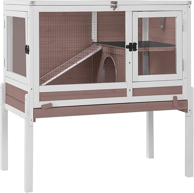 GUTINNEEN Rabbit Hutch Indoor Guinea Pig Cage Bunny House 36.6" Upgraded with Anti Chewing Edges, Cool Zinc Sheet, Leakproof PVC Layer, Wire Floor, Detachable Legs (Brown)-Mewly Pet