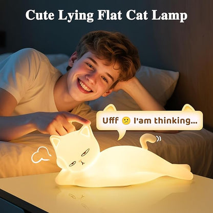 Lying Flat Cat Lamp Cat Gifts, 16 Colors+5 Dimming+Silicone Cute Lamp, Touch+Remote Control+Rechargeable Night Light for Kids, Fun & Cool Weird Stuff Random Stuff, White Elephant Gifts for Adults/Kids