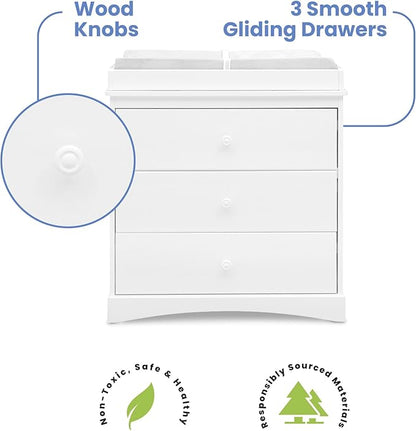 Delta Children Sutton 3 Drawer Dresser with Changing Top and Interlocking Drawers - Greenguard Gold Certified, Bianca White