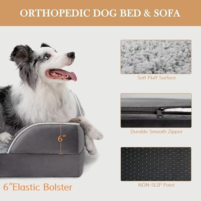 Comfort Expression Orthopedic Memory Foam Dog Beds for Giant Dogs, XXL Dogs Beds Washable, Waterproof Dog Beds with Bolster & Removable Cover(XX-Large,Silver Grey)-Mewly Pet