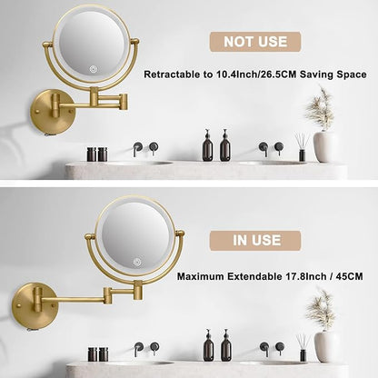 Wall Mounted Makeup Mirror with Lights and 10X Magnification, 8" Rechargeable Double Sided Magnifying Touch Dimmable Extended Arm 360 Rotation, Foldable Vanity Mirror for Bathroom, Antique Brass