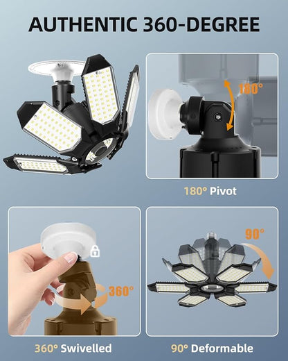 Adiding Rotatable LED Garage Light 4 Pack, 48000Lm Super Bright Basement Lighting Fixture w/ 6 Adjustable Panels Screw in E26 E27 Bulb Base for Workshop Attic Barn Ceiling Warehouse Gym Utility