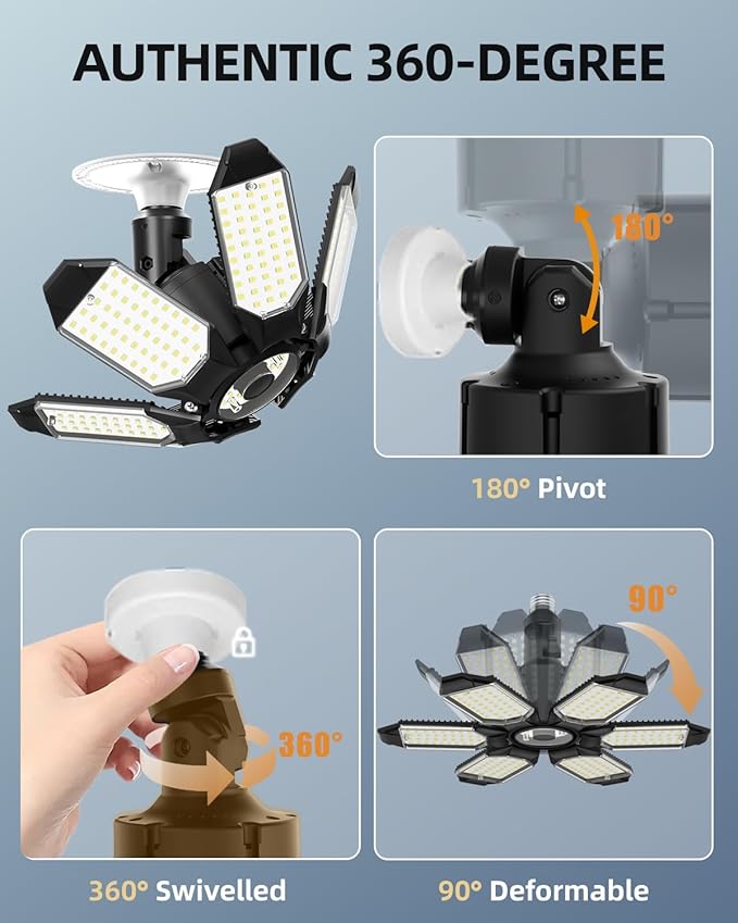 Adiding LED Garage Light Rotatable, Bright Basement Shop Ceiling Bay Lighting Fixture w/ 6 Adjustable Panels Screw in E26 E27 Bulb Base for Attic, Shed, Warehouse, Home Gym, Utility, Workshop