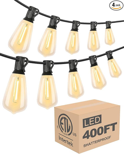 Lightdot 400FT Outdoor String Lights, LED Bistro String Lights with Shatterproof ST38 Vintage Bulbs, 2200K Dimmable, Waterproof Hanging Lights for Porch, Deck, Garden, Backyard, Balcony - ETL Listed