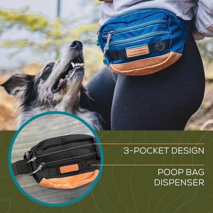 Wilderdog Utility Fanny Pack stores Treats, Balls, Keys in 3 Pockets with adjustable strap and Poop Bag dispenser (Black)-Mewly Pet