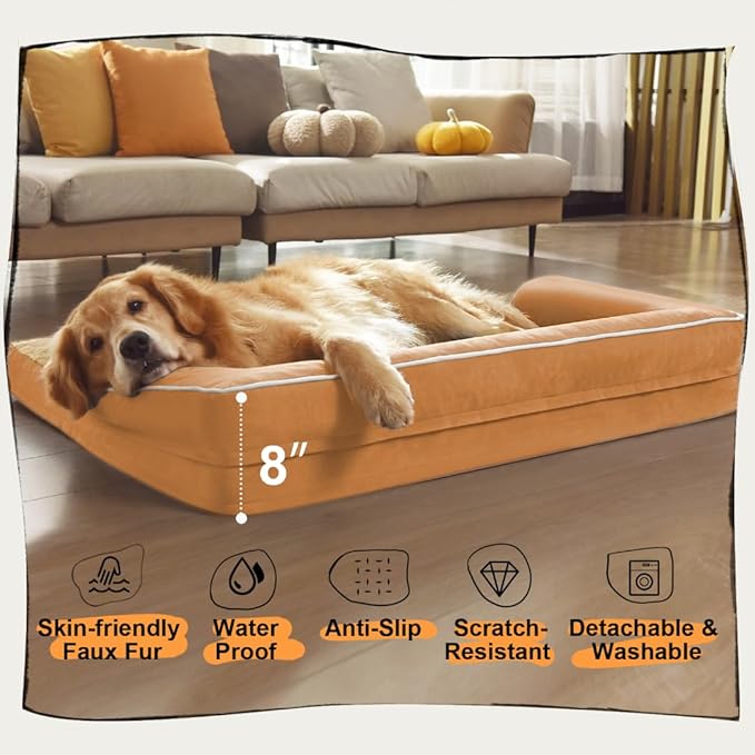 Large Dog Bed Orthopedic Washable, Orthopedic Dog Beds for Large Dogs with Washable Cover, Removable Bolster and Non-Slip Bottom Orange Dogs Beds, XL XLarge Extra Large Dogs-Mewly Pet