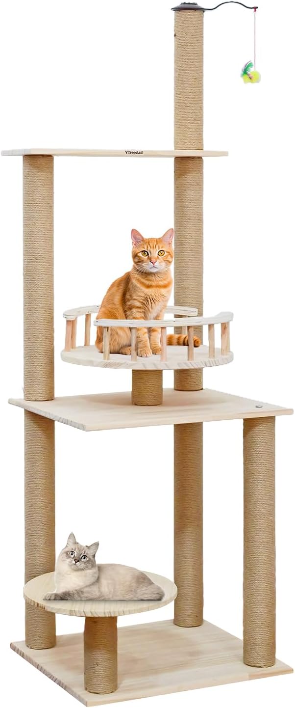 Wood Cat Tree 17” x 16”x 53” Modern Sturdy Cat Tower with Double Condos Hand-Woven Beds & Toys Multilevel Huge Paws Pals Tree Indoor Cat Furniture for Big Cats-Mewly Pet