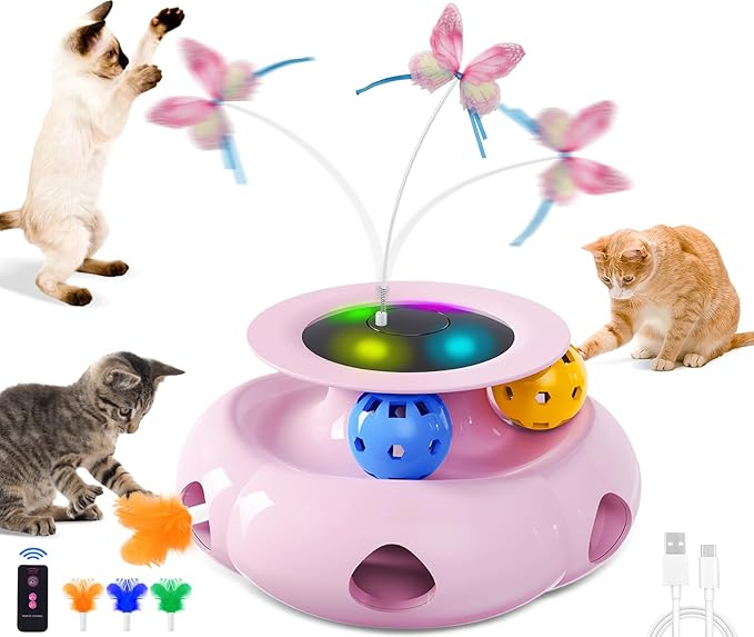 Cat Toys Interactive Rechargeable 3in1 Whack a Mole Cat Toy, Fluttering Butterfly, Track Balls, Touch Activated Automatic Kitten Toys for Indoor Cats-Mewly Pet