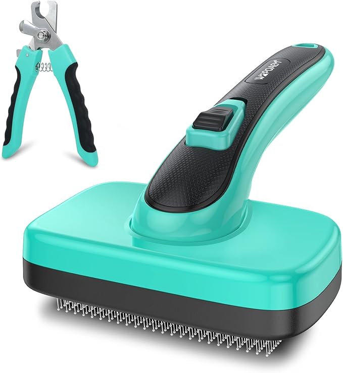 Pet Brush Kit for Grooming, Dog Self-Cleaning Slicker Brush + Nail Clippers Set for Shedding Long Short Haired Cats. Removes Loose Fur, Undercoat, Mats, Tangled for Most Hair Types & Size-Mewly Pet