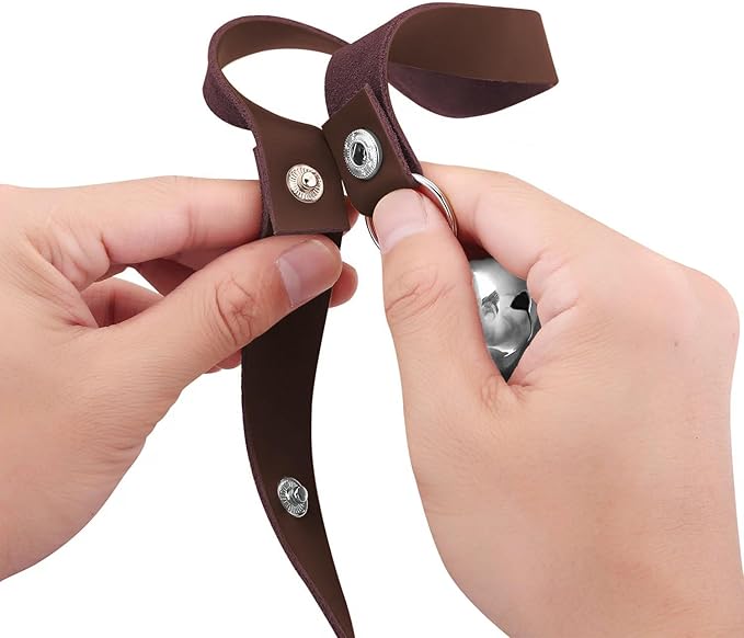 Leather Dog Doorbells for Door Knob/Potty Training/Go Outside, Length Adjustment Copper Dog Bell, Housetraining Hanging Bell, Dark Brown Leather Silver Bells-Mewly Pet