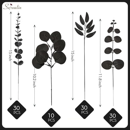 Serwalin 100pcs Artificial Mixed Eucalyptus Stems Leaves Bulk, 4 Kinds Fake Black Grennery Silver Dollar Eucalyptus Stems Picks,Faux Black Leaves Sprays for DIY Bouquets Floral Arrangement Home Decor