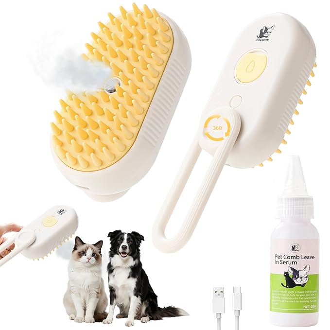 Cat Steam Brush for Shedding,4 in 1 Grooming Brush for Cats and Dogs,Deshedding,Massage,Cleaning & Anti-Static All In One,Suitable for Long & Short Haired Pets,Includes Waterless Shampoo,Yelow-Mewly Pet