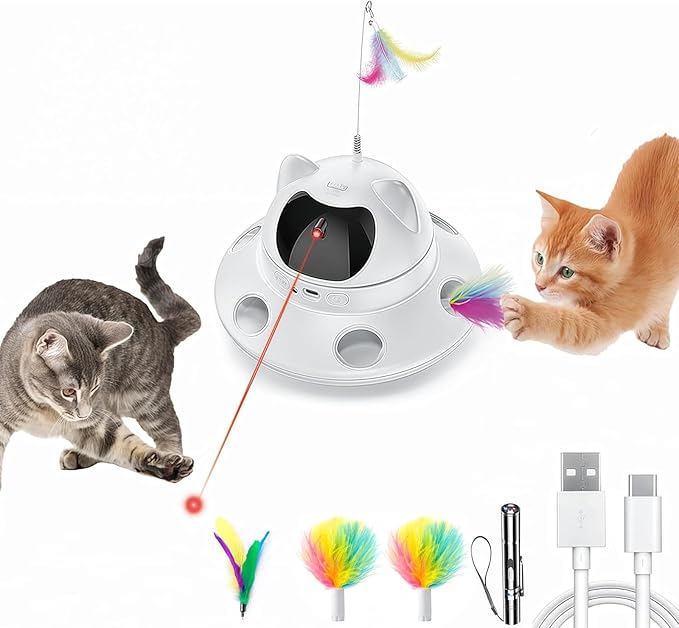 3-in-1 Cat Laser Toy & Interactive Automatic Motion-Activated Kitten Toy – 6 Holes Whack-A-Mole Feather & Moving Ambush Fun – USB Rechargeable, Apply to – Indoor Exercise for Cats of All Breeds-Mewly Pet