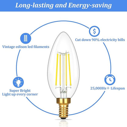 Brightever E12 Candelabra LED Light Bulbs 60 Watt Equivalent, 12 Packs Super Bright 620 Lumen, 6W Clear LED Candle Bulbs, Daylight White 5000K Dimmable Chandelier Light Bulbs for Ceiling Fan
