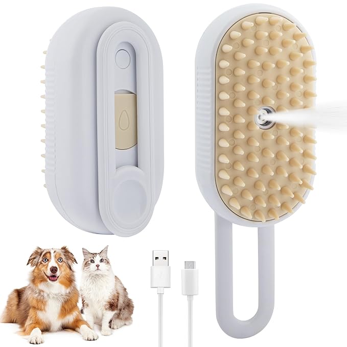 4 in 1 Cat Steam Brush Cat and Dog Anti-Static steam Brush with Spray for Massaging,cleaning,Shedding,Grooming,Rechargeable Pet Grooming Brushes(white brush)-Mewly Pet