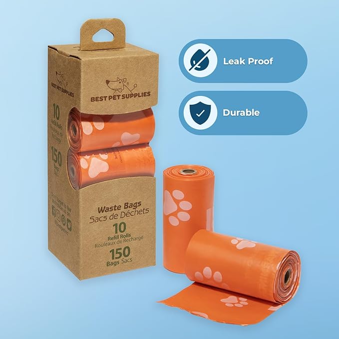 Best Pet Supplies Dog Poop Bags (150 Bags) for Waste Refuse Cleanup, Doggy Roll Replacements for Outdoor Puppy Walking and Travel, Leak Proof and Tear Resistant, Thick Plastic - Orange-Mewly Pet