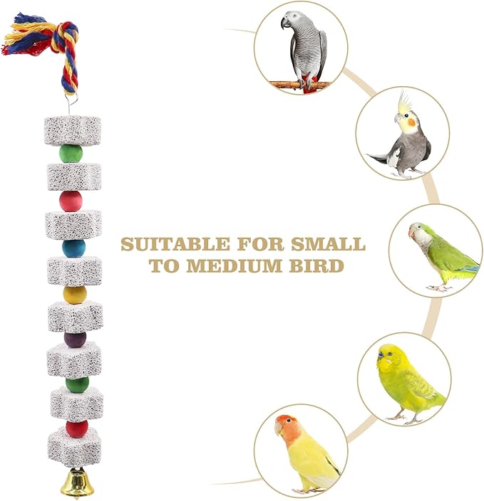 2 Pack Mineral Block Chew Toys with Colorful Beads and a Bell, Bird Beak Grinding Stone, Cage Accessories for African Grey, Budgies, Cockatiels, Small to Medium Birds-Mewly Pet