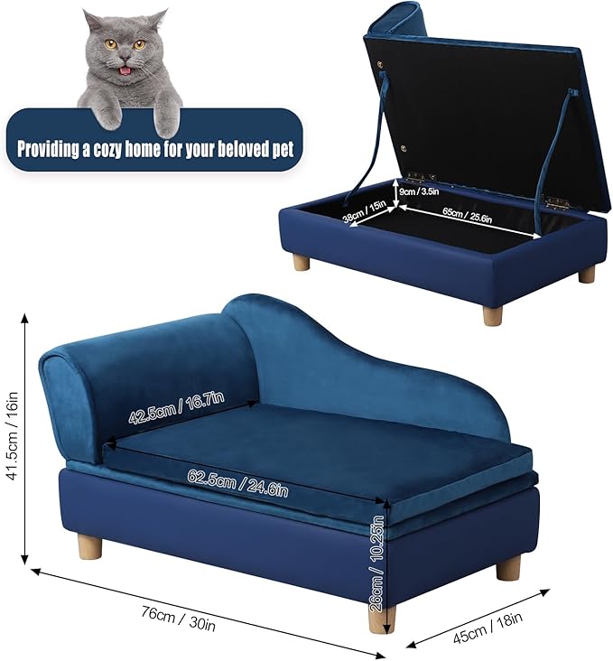 Pet Bed Sofa, Puppy Bed with Storage, Small Dog Couch with Removable & Washable Cushion, Comfy Pet Couch Bed for Cats & Puppy (Blue)-Mewly Pet