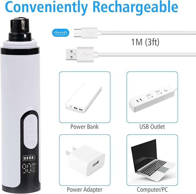 Pet Nail Grinder for Dogs and Cats - Super Quiet and Low Vibration Electric Dog Nail Grinder with 2 LED Lights - USB Rechargeable and Cordless - 3 Speeds - Small to Large Pets (White)-Mewly Pet