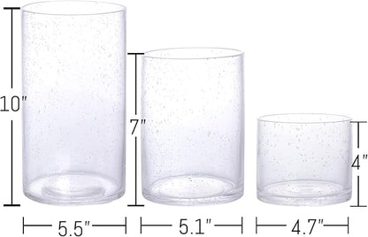 Large Hurricane Candle Holder Set of 3 Clear Candle Holders for Pillar Candles, Seeded Bubbles Glass Candle Holder for Table Centerpiece, Glass Cylinder Vases for Home, Patio and Wedding 10" 7" 4" H