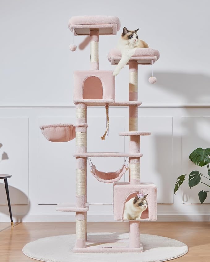 Taoqimiao Cat Tree, 71-Inch Cat Tree Cat Tower for Indoor Cats, Plush Multi-Level Cat Condo with 10 Scratching Posts, 2 Perches,Basket, 2 Caves,Hammock, 2 Pompoms,MS020P Jelly Pink-Mewly Pet