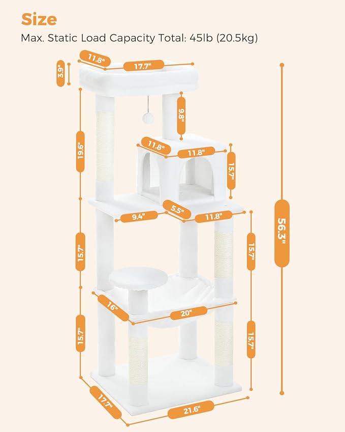 Cat Tree for Large Cats with Metal Plush Big Hammock, 56.3" Cat Tower for Indoor Cats with 2 Door Condo House, 6-Tier Cat Shelves with Scratching Posts and Large Top Perch, Cream White-Mewly Pet