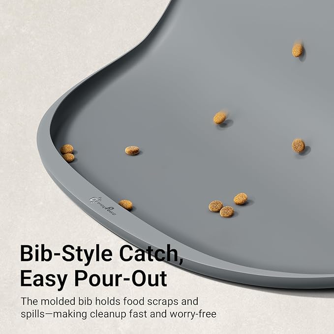 DownyPaws Dog Food Mats for Floors Waterproof, BPA Free Silcone Dog Bowl Mat, Non-Slip Pet Feeding Mat with High Raised Edge, Cat Placemat for Messy Drinkers, 24"×17", Light Gray-Mewly Pet