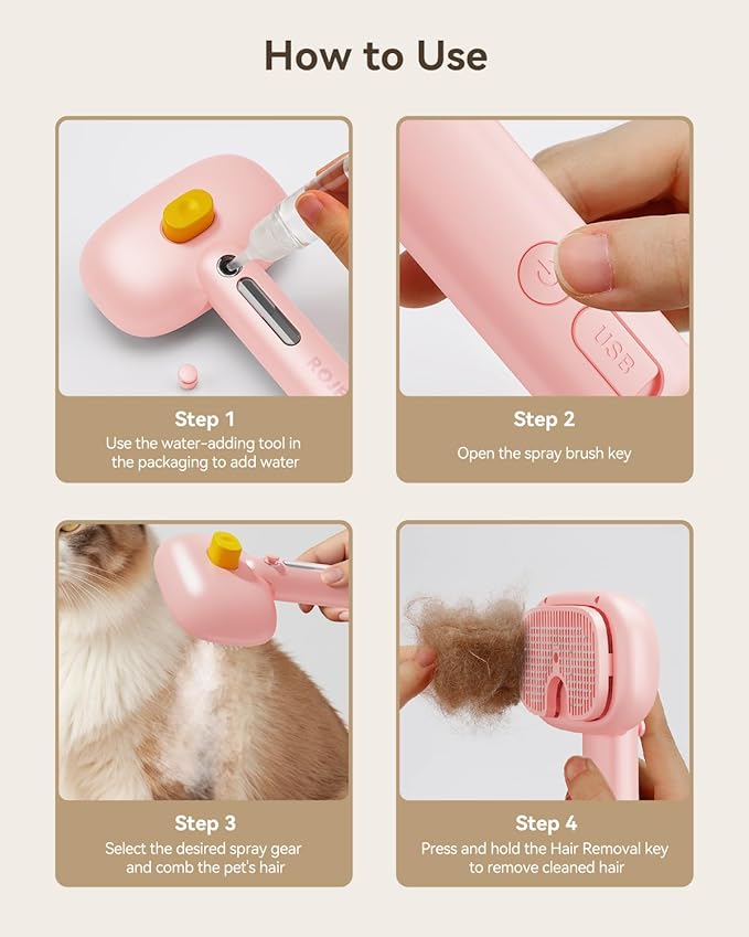 ROJECO 3-in-1 Pet Steam Brush for Cats&Dogs - Detangling Comb with Adjustable Mist, Handheld Deshedding Grooming Tool for Long/Short Hair, Massage Brush & Shedding Control Gift,Cordless,Pink-Mewly Pet