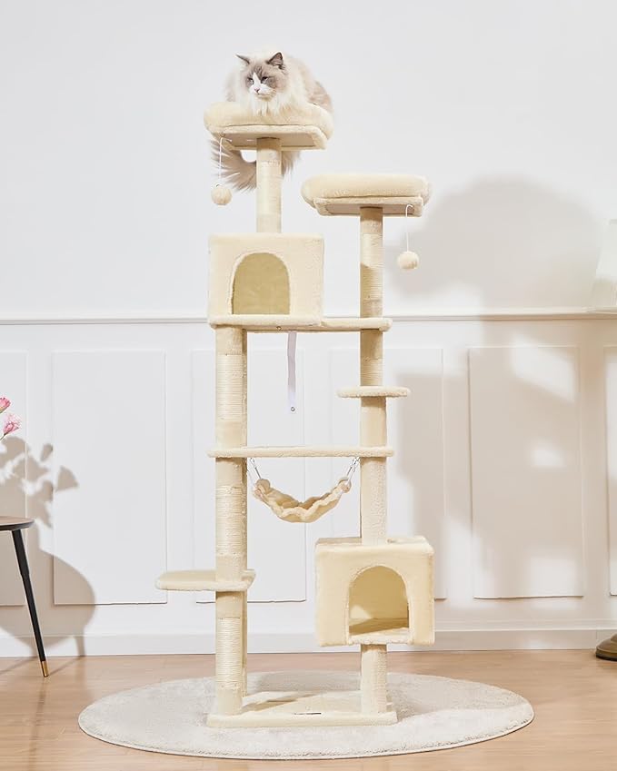 Taoqimiao Cat Tree, 68-Inch Cat Tree Cat Tower for Indoor Cats, Plush Multi-Level Cat Condo with 6 Scratching Posts, 2 Perches, 2 Caves,Hammock, 3 Pompoms,MS020SM Beige-Mewly Pet