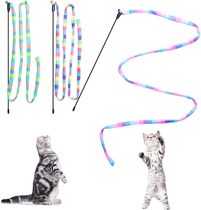 Cat Wand Toys Interactive Kitten Toys Cat Teaser Wand String Feather for Indoor Colorful Ribbon Wands Stick Toy Cat Charmer-3 Packs-Mewly Pet