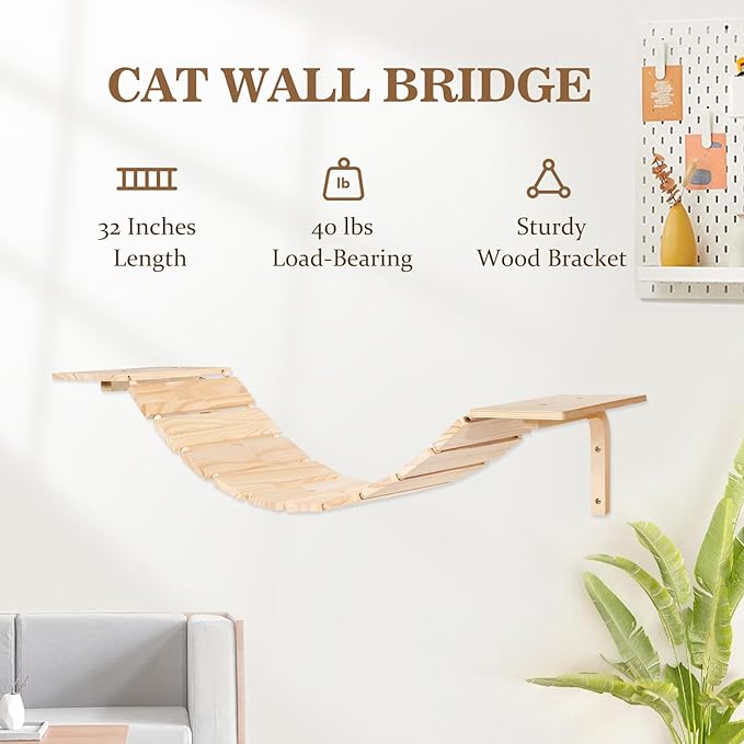 Cat Wall Shelves and Perches, Wall Mounted Cat Furniture with Hammock, Bridge, Tree, Steps and Scratching Posts, Wooden Climbing System for Indoor Large Cats and Kittens-Mewly Pet
